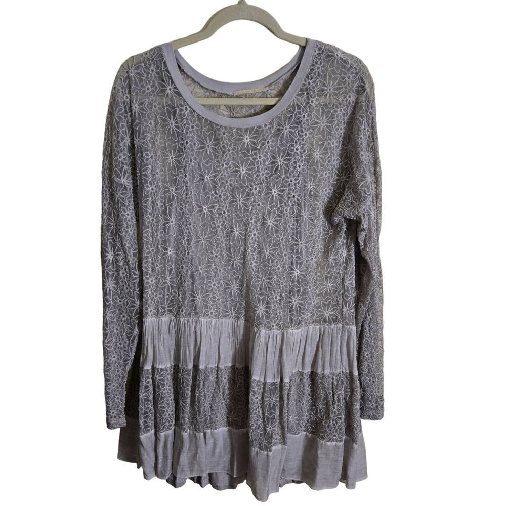 Floral Gray Neutral Open Crochet Lace Tiered Top Dress Size M